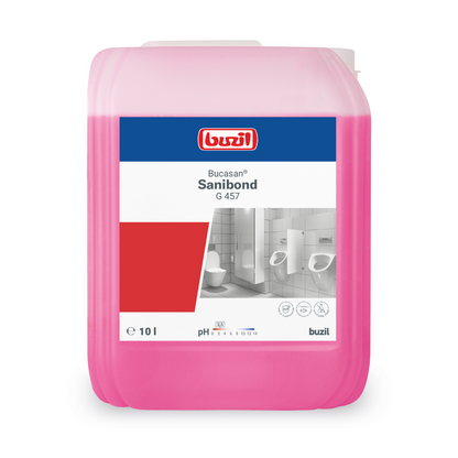 Le récipient rose de 10 litres de Buzil Bucasan® Sanibond G 457 Nettoyant sanitaire visqueux de BUZIL-WERK Wagner GmbH & Co. KG arbore une étiquette avec une image de salle de bain montrant un lavabo et des urinoirs. Ce dissolvant de calcaire assure une brillance sans traces et convainc par un pH efficace de 1.