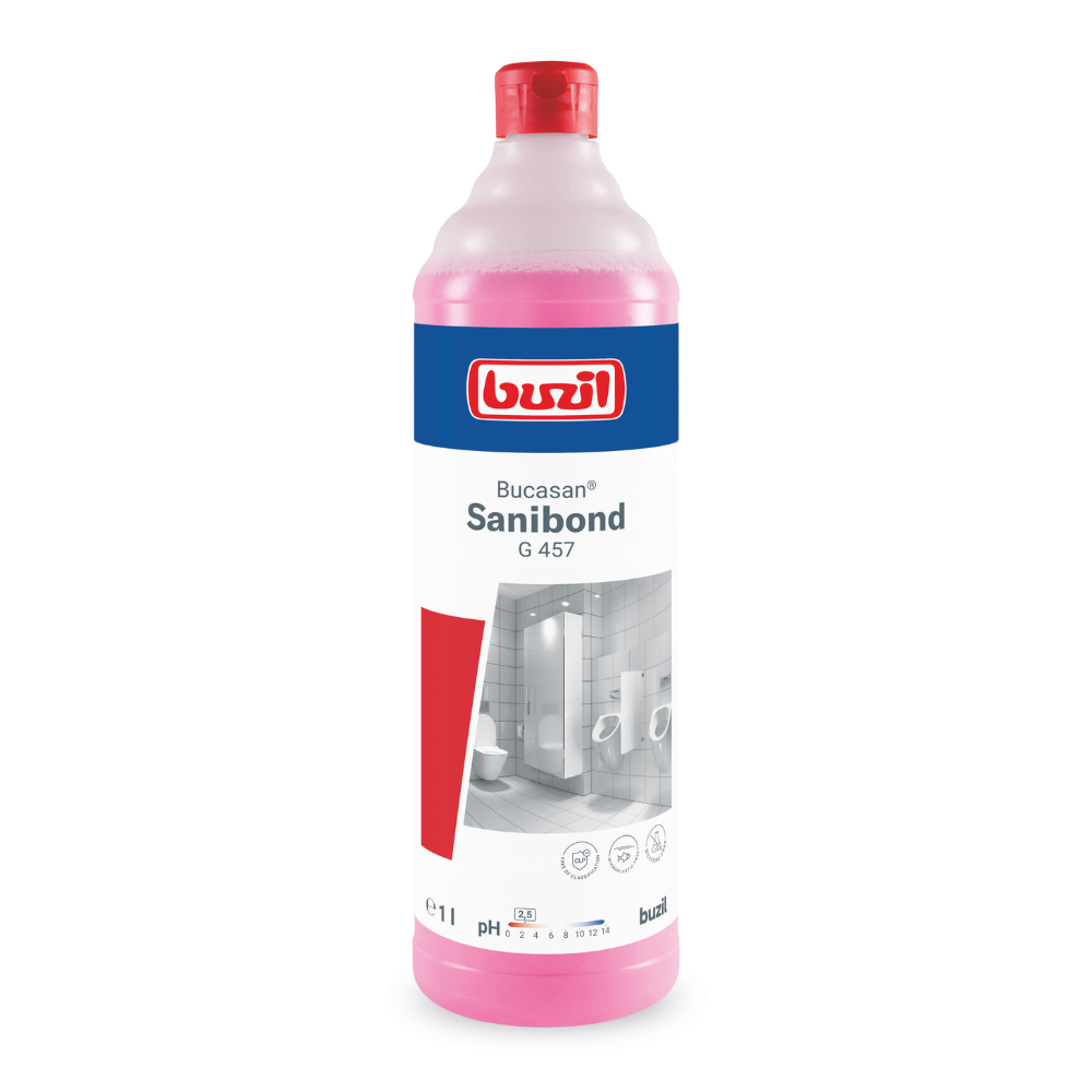 Une bouteille de 1 litre de Buzil Bucasan® Sanibond G 457 Nettoyant sanitaire visqueux avec liquide rose porte la marque de BUZIL-WERK Wagner GmbH & Co. KG. L'étiquette est conçue avec des éléments bleus et rouges et montre le nom du produit ainsi que des images de toilettes pour une brillance sans traces. La bouteille est munie d'un bouchon rouge.