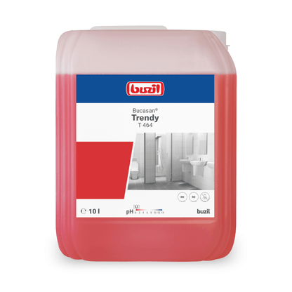 Een 10-liter container Buzil Bucasan® Trendy T 464 intensief geurende sanitaire onderhoudsreiniger van BUZIL-WERK Wagner GmbH & Co. KG is ontworpen voor kalkverwijdering. Het etiket toont een badkamerafbeelding, waarbij de productnaam en de pH-waarde duidelijk zichtbaar zijn. Deze rode vloeistof zorgt voor streeploze glans in uw reinigingsroutine.