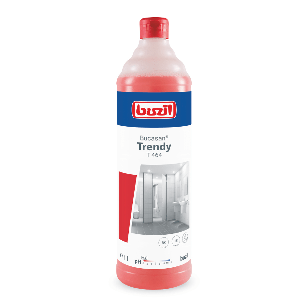 Een 1-liter fles Buzil Bucasan® Trendy T 464 intensief geurende sanitaire onderhoudsreiniger in het rood-witte ontwerp van BUZIL-WERK Wagner GmbH & Co. KG toont op het etiket een badkamermotief en toepassingssymbolen. Het belooft streeploze glans en is afgesloten met een rode dop die een effectieve reinigingsoplossing bevat.