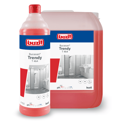 De afbeelding toont twee containers met Buzil Bucasan® Trendy T 464 intensief geurende sanitaire onderhoudsreiniger van BUZIL-WERK Wagner GmbH & Co. KG. Een daarvan is een fles van één liter, de andere een grotere jerrycan. Beide bevatten een rode vloeistof die streeploze glans belooft, en op de etiketten staan de voordelen van badkamerreiniging en kalkverwijdering vermeld.