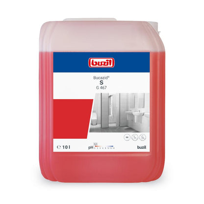 Un récipient de 10 litres de Buzil Bucazid® S G 467 Nettoyant sanitaire avec bloqueur d'odeurs de BUZIL-WERK Wagner GmbH & Co. KG porte sur l'étiquette le logo de la marque, le nom du produit et une illustration de salle de bain. Le liquide rouge dans la bouteille transparente assure une élimination efficace du calcaire et une propreté impeccable.