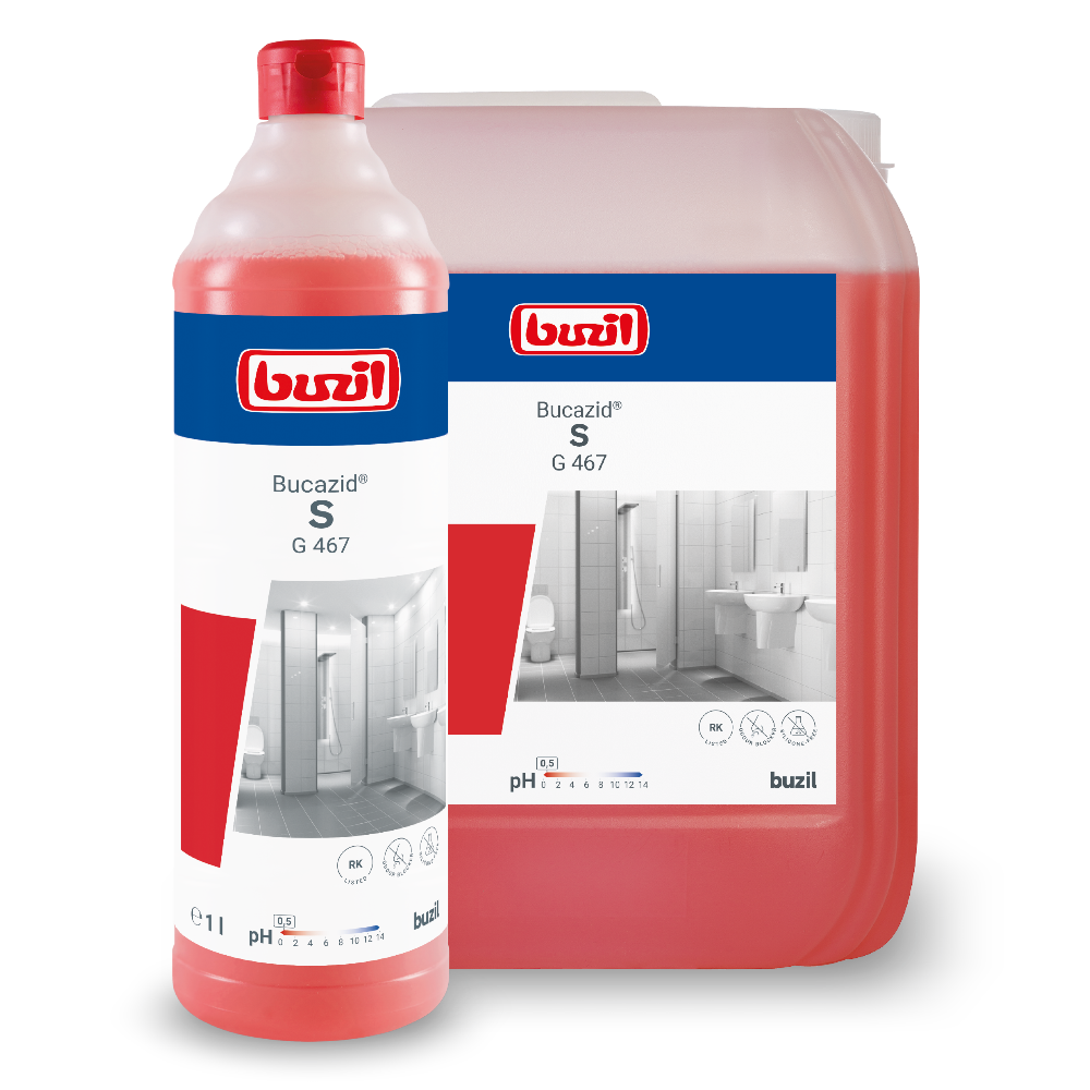 Une bouteille rouge et un récipient rouge plus grand, tous deux avec le logo de BUZIL-WERK Wagner GmbH & Co. KG et « Buzil Bucazid® S G 467 Nettoyant sanitaire avec bloqueur d'odeurs », montrent des images d'une salle de bain avec toilettes et lavabo. Ce nettoyant puissant utilise de l'acide amidosulfonique pour un effet nettoyant amélioré. La bouteille contient 1 litre, tandis que le récipient est plus grand.