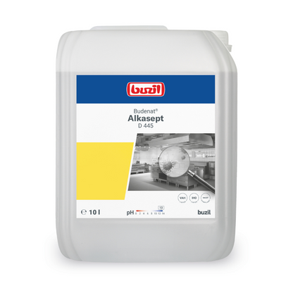 Image d'un conteneur de 10 litres Buzil Budenat® Alkasept D 445 Nettoyant désinfectant hautement alcalin. L'étiquette affiche le logo de la marque BUZIL-WERK Wagner GmbH & Co. KG, le nom du produit et une cuisine collective étincelante, soulignant l'aptitude pour le secteur alimentaire et les surfaces résistantes aux alcalins. L'étiquette contient également des symboles de pH.