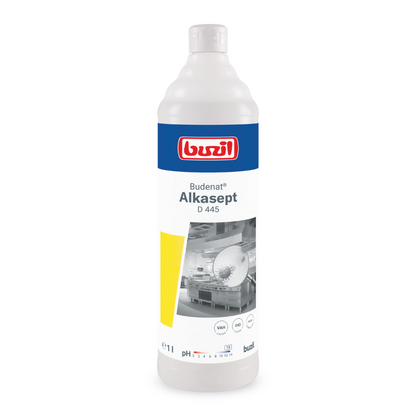 Une bouteille blanche portant l'inscription « Buzil Budenat® Alkasept D 445 Nettoyant désinfectant hautement alcalin » de BUZIL-WERK Wagner GmbH & Co. KG est munie d'un logo bleu-rouge. Elle est conçue pour les surfaces résistantes aux alcalins et contient sur l'étiquette une image de machine en noir et blanc, l'indication « 1 litre » ainsi que des symboles de pH et de certification – idéale pour le nettoyage désinfectant dans l'industrie alimentaire.