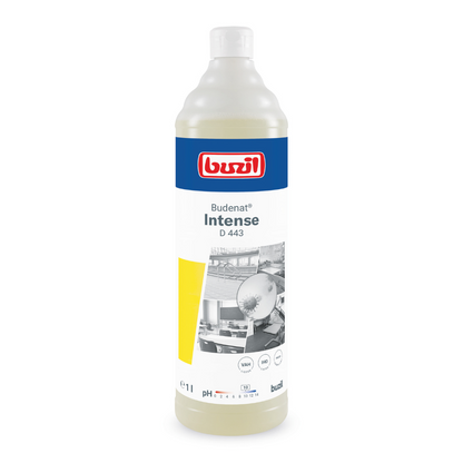 Een fles van 1 liter Buzil Budenat® Intense D 443 Hoogefficiënte Desinfectiereiniger van BUZIL-WERK Wagner GmbH & Co. KG is voorzien van blauw-rode branding en afbeeldingen die schone omgevingen vertegenwoordigen. Het bevat pH-waarden en gebruiksaanwijzingen en is daarmee ideaal voor HACCP-concepttoepassingen om een bacteriedodende werking in professionele omgevingen te waarborgen.