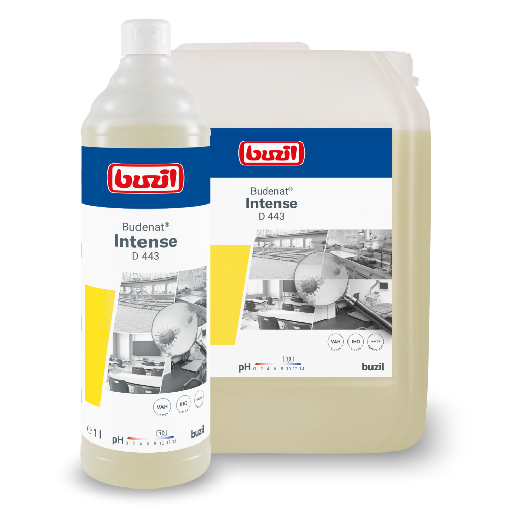 Twee containers met reinigingsmiddelen, een fles van 1 liter en een grotere kruik, zijn voorzien van het opschrift „Buzil Budenat® Intense D 443 Hoogefficiënte Desinfectiereiniger“ van BUZIL-WERK Wagner GmbH & Co. KG en tonen zwart-witte industriële omgevingsbeelden evenals een pH-waarde. Deze desinfectiereiniger voldoet aan de normen van het HACCP-concept.