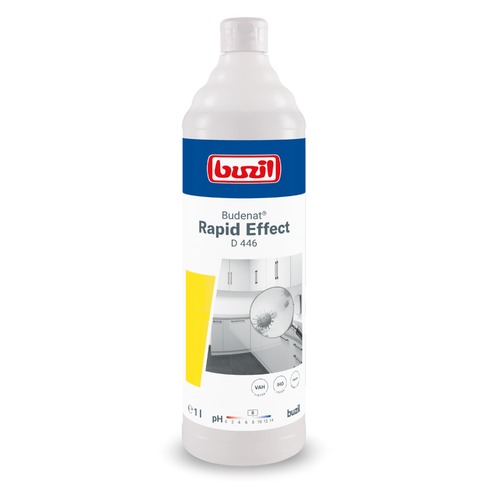 Een 1-liter fles Buzil Budenat® Rapid Effect D 446 alcoholisch snel desinfectiemiddel, gebruiksklaar, vermeld bij VAH en IHO. Het etiket toont een keukenafbeelding evenals het merkelogo van BUZIL-WERK Wagner GmbH & Co. KG en productdetails. Met een pH-waarde van 8 en propan-2-ol bevat het verschillende veiligheidssymbolen. De witte fles is versierd met een blauw-geel ontwerp.