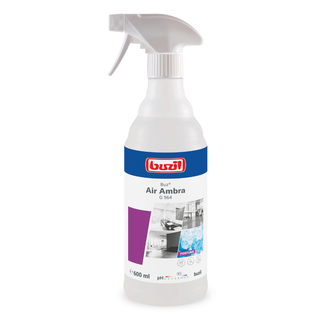 Hier is een herschreven zin met gebruik van de opgegeven productgegevens:

Een witte spuitfles met Buzil Buz® Air Ambra G 564 Gebruiksklare Ruimspray met Actieve Geurblokker van BUZIL-WERK Wagner GmbH & Co. KG is voorzien van een spuitmond voor eenvoudig gebruik. Het etiket is blauw, paars en wit en toont afbeeldingen van een keuken en een badkamer. Deze 600-ml-fles bevat een gebruiksklare ruimspray met een actieve geurblokker voor een langdurige geur.