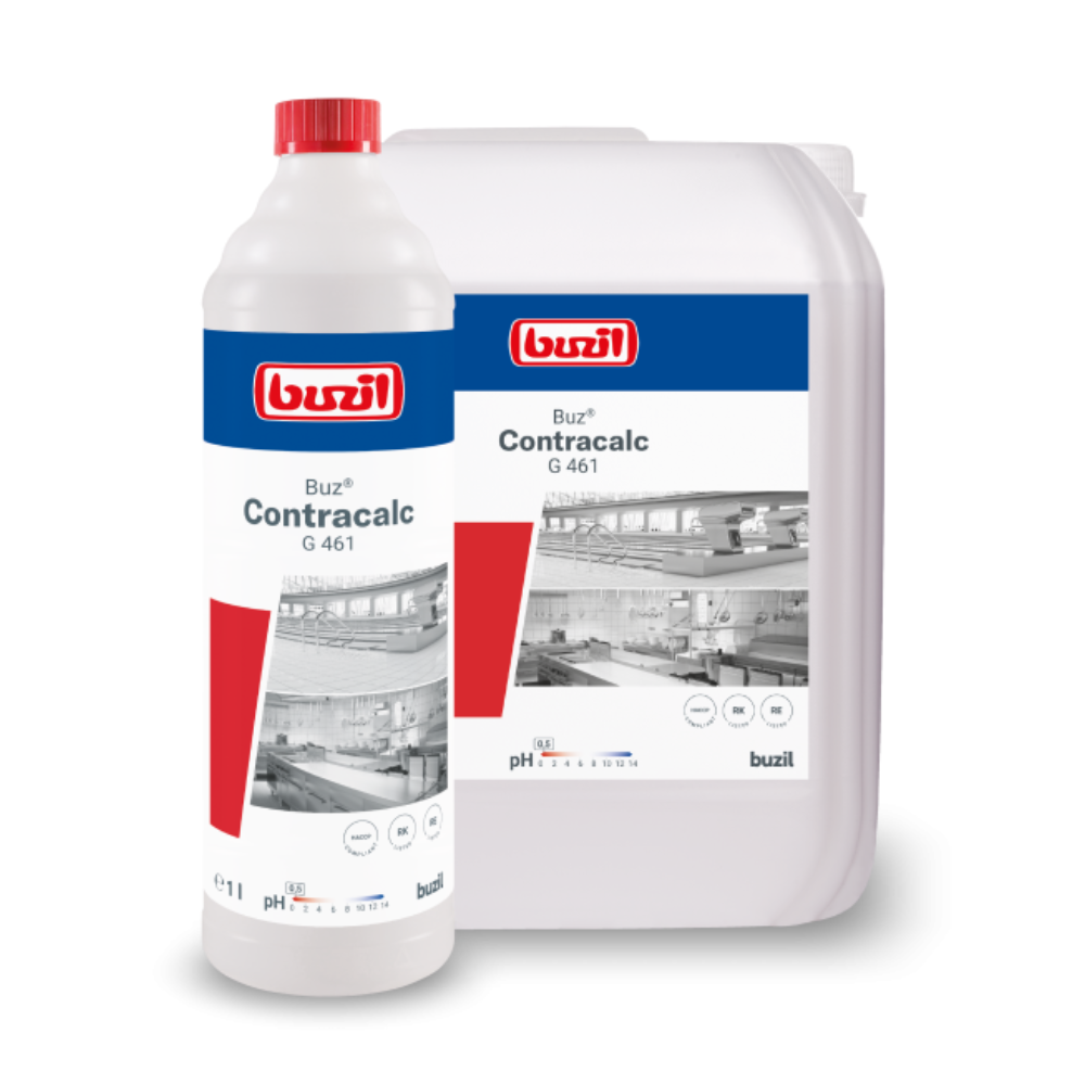 Twee containers van Buzil Buz® Contracalc G 461, een kleurloze basisreiniger en ontkalker van BUZIL-WERK Wagner GmbH & Co. KG. De voorste container is een witte fles met een rode dop die een ontkalkoplossing bevat, terwijl de achterste container een grotere, ondoorzichtige kan is. Beide hebben etiketten in rood, blauw en wit met bijpassende afbeeldingen.