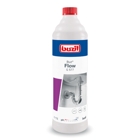 Une bouteille d'un litre de détergent liquide pour canalisations Buzil Buz® Flow G 577, fabriqué par BUZIL-WERK Wagner GmbH & Co. KG. L'étiquette comporte un dessin représentant des installations sanitaires ainsi que le logo du produit. La bouteille, principalement blanche, est rehaussée de détails rouges, bleus et violets et est munie d'un bouchon rouge qui permet d'éliminer efficacement les obstructions dans les canalisations.