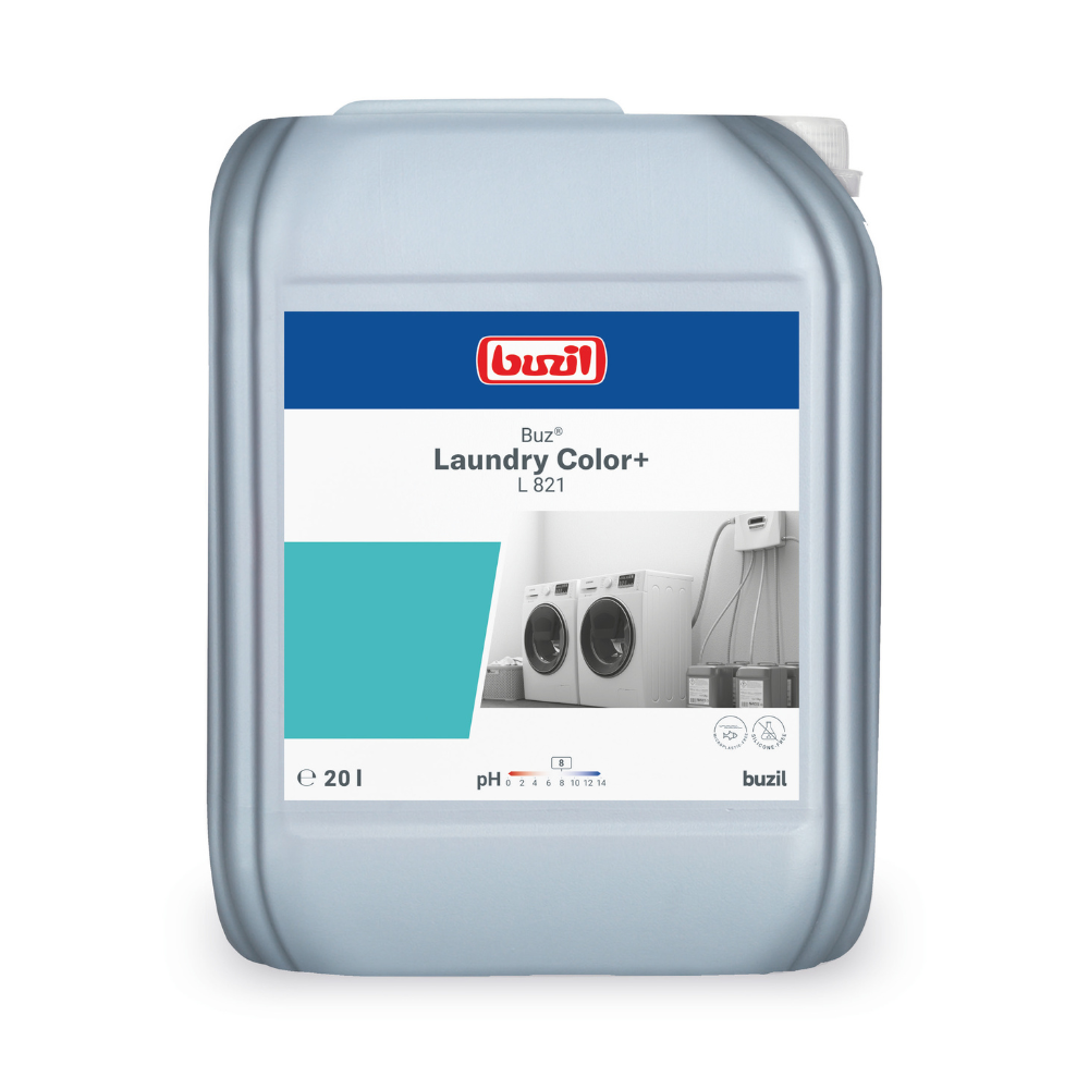Het Buzil Buz® Laundry Color+ L 821 vloeibaar wasmiddel, een grote grijze kunststof container, toont op zijn etiket wasmachine en wasvouwafbeeldingen. Dit 20-liter wasmiddel is perfect voor textiel, ideaal zowel voor bonte als voor delicate textiel. Het etiket toont ook een pH-schaal en bovenaan prominent het logo van BUZIL-WERK Wagner GmbH & Co. KG.