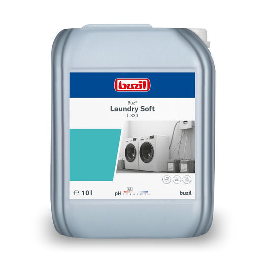 Un bidon de 10 litres en gris avec Buzil Buz® Laundry Soft L 830 de BUZIL-WERK Wagner GmbH & Co. KG, idéal pour les blanchisseries professionnelles. L'étiquette montre des machines à laver et des détails importants du produit tels que le pH et les symboles de mesure pour garantir un soin optimal des textiles.