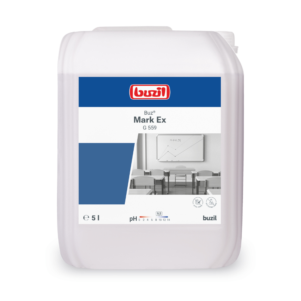 Een 5-liter container Buzil Buz® Mark Ex G 559 gebruiksklare oppervlakte- en kunststofreiniger van BUZIL-WERK Wagner GmbH & Co. KG. De witte container, versierd met een blauw-wit etiket met een schoolklasgrafiek, is perfect geschikt voor oppervlaktereiniging. Hij behoudt een uitgebalanceerde pH-waarde tussen 7,0 en 8,0 en zorgt zo voor een veilige en effectieve toepassing.