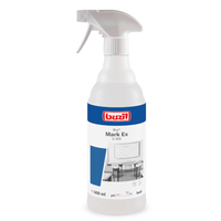 De spuitfles van 600 ml „Buzil Buz® Mark Ex G 559 Gebruiksklare oppervlakte- en kunststofreiniger“ van BUZIL-WERK Wagner GmbH & Co. KG, in een blauw-rood ontwerp, is bij uitstek geschikt voor het reinigen van whiteboards en stoelen. De sproeikop is wit en de fles is gemaakt van doorschijnend kunststof, waardoor dit product de ideale keuze is voor veelzijdige oppervlaktereinigingswerkzaamheden.