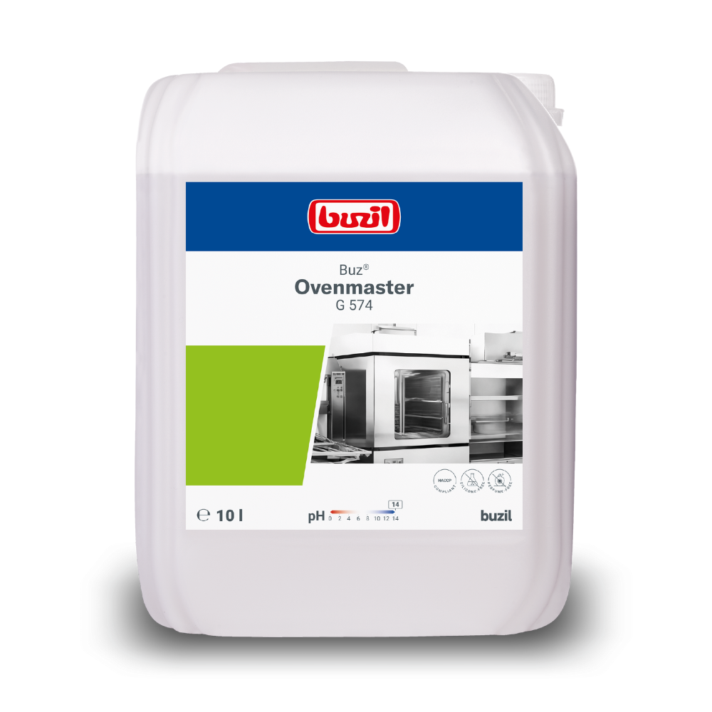 Un récipient en plastique blanc contenant le nettoyant pour four hautement alcalin Buzil Buz® Ovenmaster G 574 est exposé, avec sa capacité de 10 litres clairement indiquée. L'étiquette est idéale pour une utilisation en restauration et montre l'image d'un four ainsi que le pouvoir dégraissant et le pH du nettoyant, accompagnés du logo de la marque BUZIL-WERK Wagner GmbH & Co. KG.