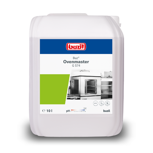 Ausgestellt wird ein weißer Kunststoffbehälter mit Buzil Buz® Ovenmaster G 574 Hochalkalischer Ofenreiniger, auf dem deutlich sein 10-Liter-Fassungsvermögen vermerkt ist. Das Etikett ist ideal für den Gastronomiegebrauch und zeigt das Bild eines Ofens sowie die Fettlösekraft und den pH-Wert des Reinigers, zusammen mit dem Markenlogo der BUZIL-WERK Wagner GmbH & Co. KG.