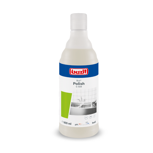 Une bouteille de 600 ml de Buzil Buz® Polish G 508 Lait à récurer prêt à l'emploi, debout. L'étiquette présente un design bleu-blanc avec des accents verts et l'image d'une surface carrelée, soulignant l'efficacité pour le nettoyage des surfaces. Le logo de la marque BUZIL-WERK Wagner GmbH & Co. KG est placé en évidence en haut.