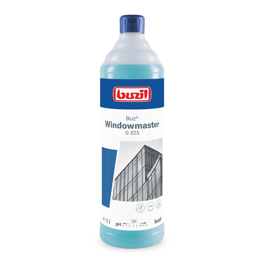 Een fles Buzil Buz® Windowmaster G 525 glas- en ruitenreiniger-concentraat van BUZIL-WERK Wagner GmbH & Co. KG met blauwe dop en etiket met de afbeelding van een gebouw met glazen ramen. De fles belooft streeploos reinigen en is voorzien van een inhoud van 1 liter en pH-informatie voor optimale prestaties.