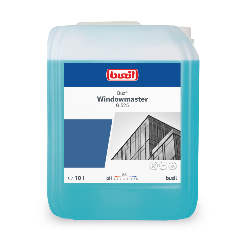 Op een blauwe 10-liter container met Buzil Buz® Windowmaster G 525 glas- en ruitenreiniger-concentraat van BUZIL-WERK Wagner GmbH & Co. KG is een etiket met de afbeelding van een gebouw met glazen ramen aangebracht. Er wordt ook gewezen op de snel drogende formule, waarbij een pH-bereik van ongeveer 7 wordt aangegeven.