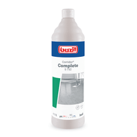 Een fles van 1 liter Buzil Corridor® Complete S 732 multifunctionele emulsie-oppervlaktereiniger van BUZIL-WERK Wagner GmbH & Co. KG is speciaal ontwikkeld voor waterbestendige vloeren. De verpakking is voorzien van een blauw etiket met rode en groene accenten, waarop een afbeelding van een schone vloer en de formule van de multifunctionele emulsie te zien zijn, evenals informatie over de pH-waarde en gebruiksaanwijzingen.