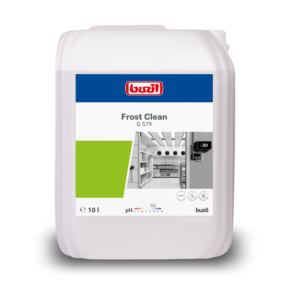 Un bidon de 10 litres de Buzil Frost Clean G 579 nettoyant pour congélateurs jusqu'à -30°C de BUZIL-WERK Wagner GmbH & Co. KG, idéal pour l'industrie alimentaire, est muni d'une étiquette sur laquelle figure le logo Buzil en vert et blanc à côté d'une image de cuisine propre. Il contient des informations sur le pH et des symboles qui mettent en évidence la puissance de nettoyage efficace à des températures allant jusqu'à -30°C.