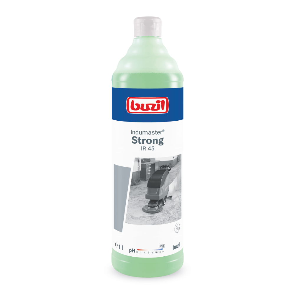 Une bouteille de 1 litre de Buzil Indumaster® Strong IR 45, un nettoyant industriel pour sols hautement alcalin, idéal pour les sols résistants aux alcalis. L'étiquette présente un design bleu-rouge ainsi qu'une image en niveaux de gris d'une machine de nettoyage de sol, tandis que le liquide vert clair à l'intérieur assure une restauration approfondie après un incendie.