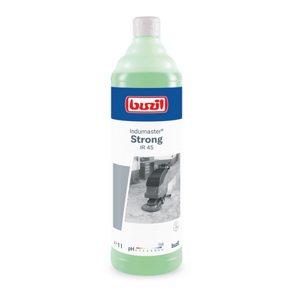 Une bouteille de 1 litre de Buzil Indumaster® Strong IR 45, un nettoyant industriel pour sols hautement alcalin, idéal pour les sols résistants aux alcalis. L'étiquette présente un design bleu-rouge ainsi qu'une image en niveaux de gris d'une machine de nettoyage de sol, tandis que le liquide vert clair à l'intérieur assure une restauration approfondie après un incendie.