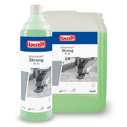 Illustrés sont deux conteneurs de Buzil Indumaster® Strong IR 45 Nettoyant industriel haute performance hautement alcalin de BUZIL-WERK Wagner GmbH & Co. KG. La plus petite bouteille, destinée à une utilisation sur des sols résistants aux alcalis, est reconnaissable à son bouchon blanc et contient un liquide vert. Le plus grand conteneur est une cruche translucide avec une étiquette montrant une machine de nettoyage de sol pour les applications de nettoyant industriel.