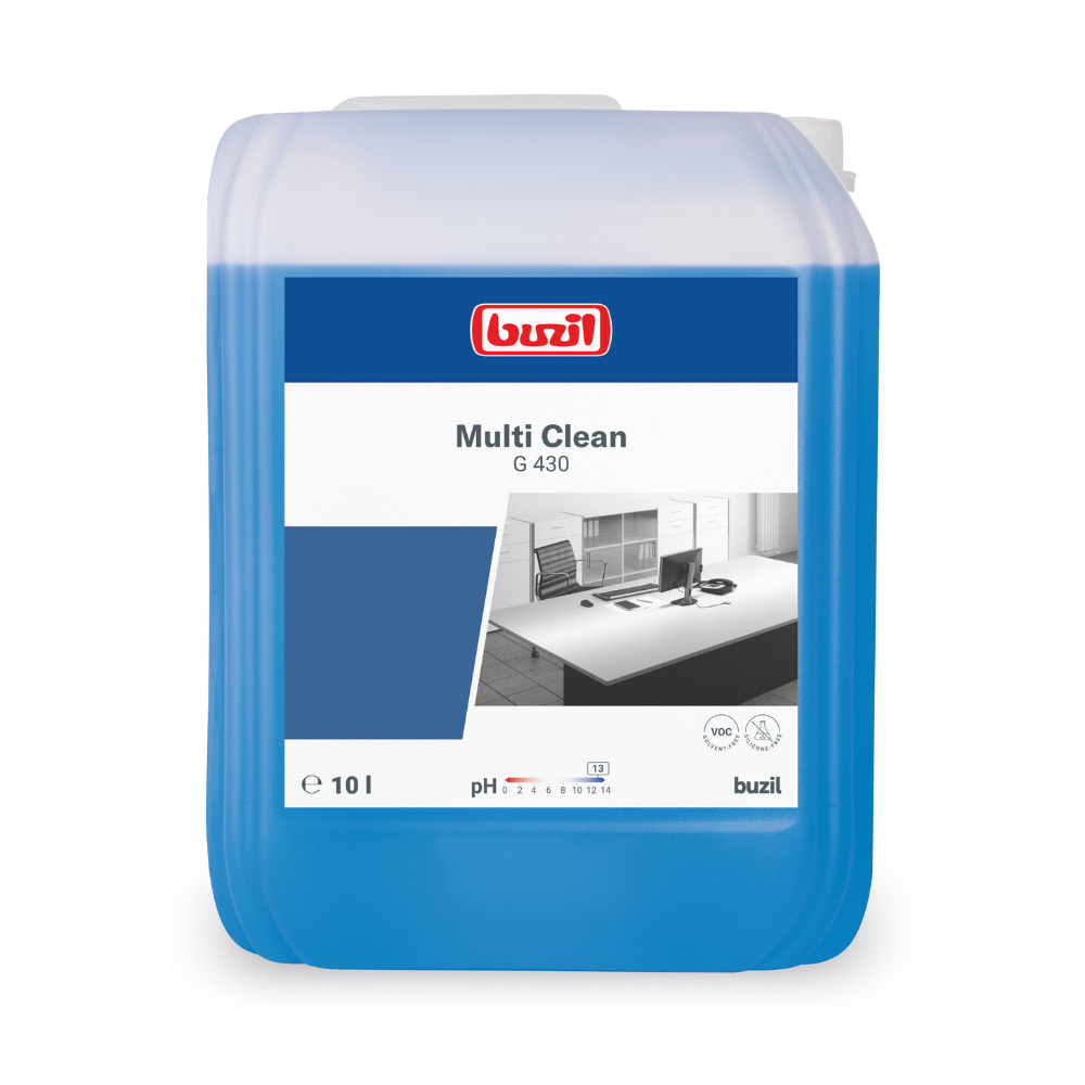 Auf einem blauen Kunststoffbehälter mit weiß-blauem Etikett ist der „Buzil Multi Clean G 430 Alkalischer Intensiv-Allzweckreiniger“ der BUZIL-WERK Wagner GmbH & Co. KG abgebildet. Das Motiv eines blitzblanken Büroschreibtisches unterstreicht seine Wirksamkeit als kraftvoller Reiniger. Der Behälter fasst 10 Liter und eignet sich damit ideal für die Entfernung hartnäckiger Verschmutzungen auf unterschiedlichen Oberflächen.