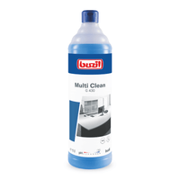 On voit une bouteille bleue de « Buzil Multi Clean G 430 », un nettoyant multi-usages alcalin intensif, portant une étiquette avec un logo rouge et une image en noir et blanc d'une pièce impeccable. Ce produit, fabriqué par BUZIL-WERK Wagner GmbH & Co. KG, est conçu comme un nettoyant intensif destiné à éliminer efficacement les salissures tenaces sur les surfaces résistantes aux alcalins. Le flacon est livré avec un bouchon bleu assorti.