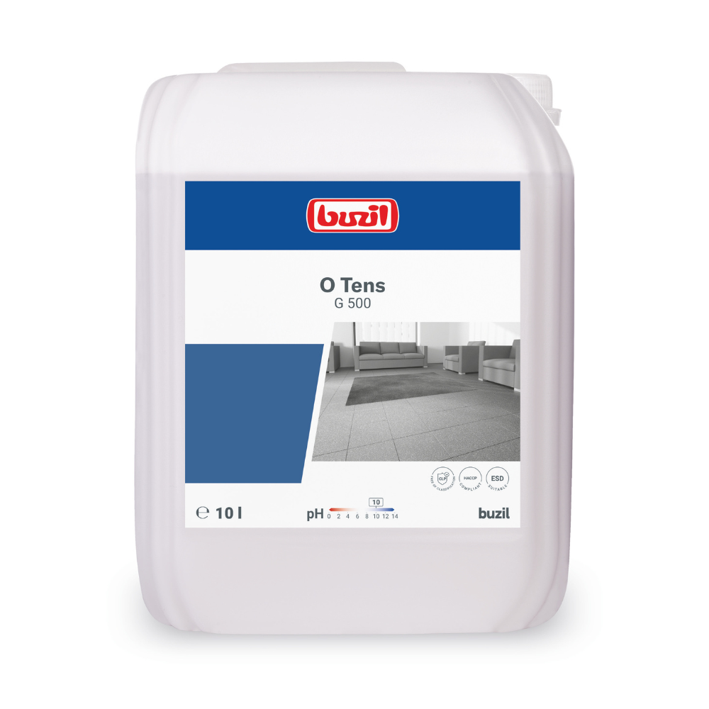 Afgebeeld is een 10-liter container Buzil O Tens G 500 Tensidvrije Universele Reiniger op Citraatbasis van BUZIL-WERK Wagner GmbH & Co. KG. Het etiket toont het merkl logo, de productnaam en een afbeelding van een tegelvloer. Het benadrukt de citraatbasis-formule voor oppervlakken met lage hervervuiling en vermeldt naast milieuvriendelijke symbolen de pH-waarde.