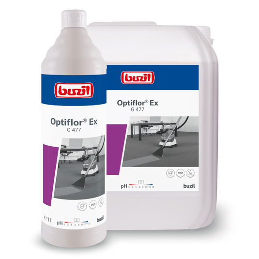 Op de afbeelding zijn twee verpakkingen te zien van Buzil Optiflor® Ex G 477, een grondreiniger voor tapijten voor reiniging door middel van sproeiextractie: een witte fles en een grote jerrycan, beide voorzien van het logo van BUZIL-WERK Wagner GmbH & Co. KG.