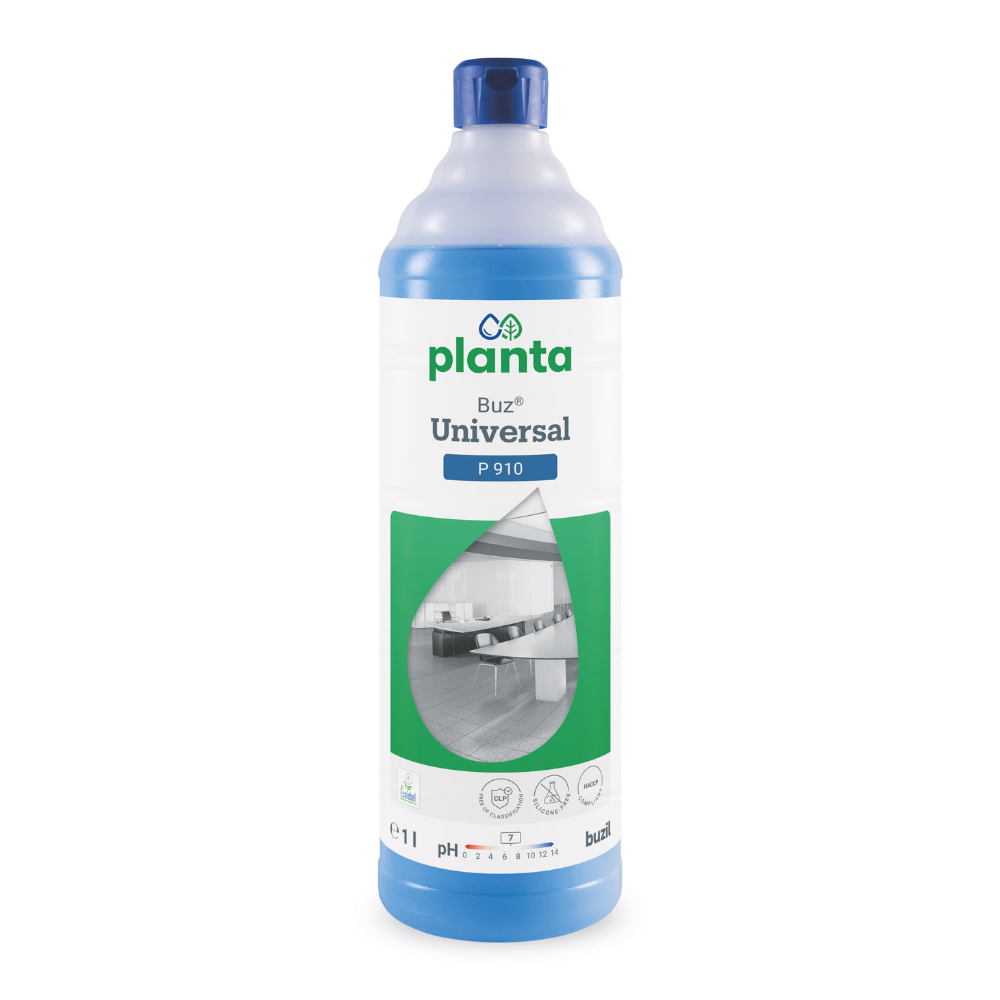 Une bouteille de 1 litre de Buzil Planta Buz® Universal P 910 Nettoyant universel écologique de BUZIL-WERK Wagner GmbH & Co. KG avec bouchon bleu et une étiquette avec des détails sur le produit tels qu'un indicateur de pH, le label écologique de l'UE et une image de pièce.