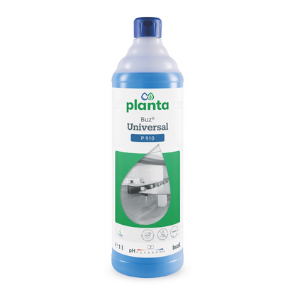Une bouteille de 1 litre de Buzil Planta Buz® Universal P 910 Nettoyant universel écologique de BUZIL-WERK Wagner GmbH & Co. KG avec bouchon bleu et une étiquette avec des détails sur le produit tels qu'un indicateur de pH, le label écologique de l'UE et une image de pièce.