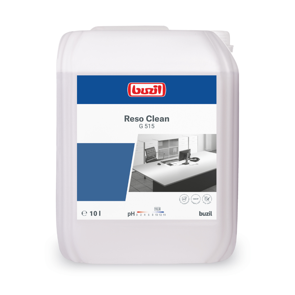 De witte kunststofcontainer draagt een blauw etiket met het merk "BUZIL-WERK Wagner GmbH & Co. KG" en de productnaam "Buzil Reso Clean G 515 gebruiksklare sproeireiniger". Het bevat 10 liter vloeistof en belooft een streeploze glans op keukenoppervlakken, waardoor het geschikt is als sproeireiniger voor vlekkeloze resultaten.