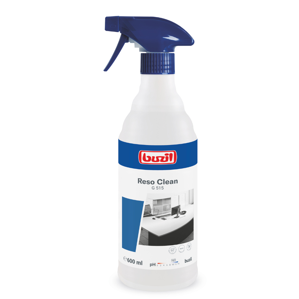 Een 600 ml spuitfles Buzil Reso Clean G 515 gebruiksklare sproeireiniger van BUZIL-WERK Wagner GmbH & Co. KG heeft een witte body met een blauw etiket en dop, evenals een sproeikop. Het zorgt voor een streeploze glans en het etiket bevat een afbeelding en uitgebreide productinformatie.