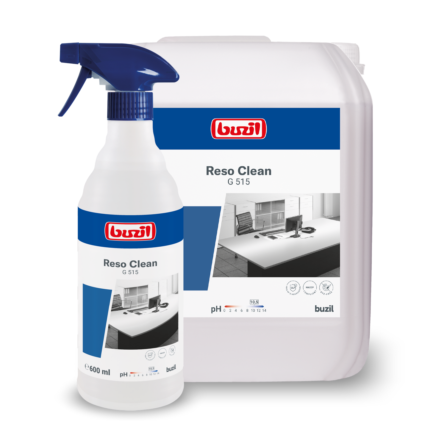 Twee containers met Buzil Reso Clean G 515 gebruiksklare sproeireiniger van BUZIL-WERK Wagner GmbH & Co. KG worden getoond en benadrukken hun krachtige reinheid. De kleinere is een spuitfles en de grotere is een navulcontainer. Beide hebben blauwe etiketten met productdetails en branding voor een streeploze glans.