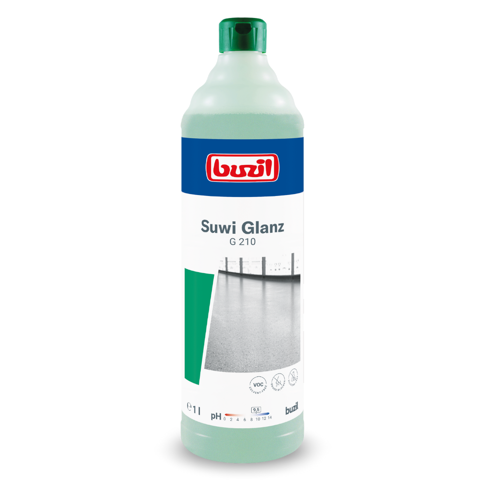 Nous présentons le nettoyant pour sols Buzil Suwi Glanz G 210 Wischpflege de BUZIL-WERK Wagner GmbH & Co. KG, disponible en bouteille de 1 litre. Ce nettoyant pour sols est spécialement conçu pour l'entretien par essuyage et dispose d'un emballage avec un indicateur de pH et un symbole VOC ainsi que des images de nettoyage. La bouteille vert clair avec un bouchon vert foncé est spécialement conçue pour l'entretien exceptionnel des surfaces en polymères non solubles dans l'eau et en cires.