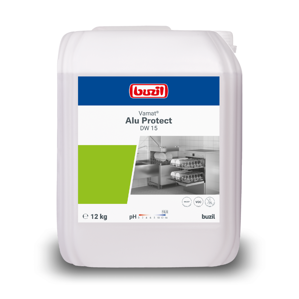 Een 12-kg-container van het product Buzil Vamat® Alu Protect DW 15 sterk alkalische vaatwasreiniger voor aluminium van BUZIL-WERK Wagner GmbH & Co. KG is ontworpen voor gebruik in commerciële vaatwassers en heeft een etiket met een afbeelding van een keuken inclusief planken en serviesgoed. Dit product zorgt voor een veilige reiniging van aluminium voorwerpen terwijl het een neutrale pH-waarde van 7 behoudt.