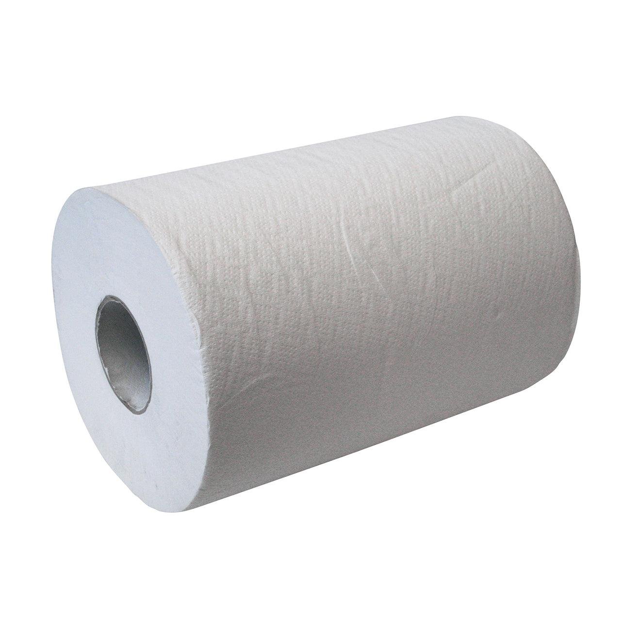 Een grote witte CWS papieren handdoekrol 3-laags, ongeperforeerd met een zichtbare kartonnen koker in het midden, afgebeeld tegen een eenvoudige witte achtergrond.