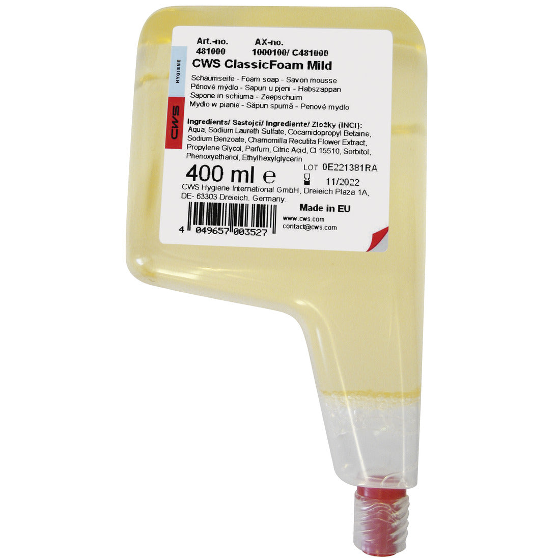 Een 400 ml navulcontainer van transparant kunststof voor CWS schuimzeep schuimconcentraat standaard met een rode bodemsluiting. Het meertalige etiket geeft informatie over de ingrediënten en productinformatie. Merk: CWS.