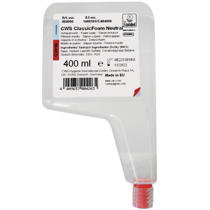 Een 400 ml fles CWS schuimzeep schuimconcentraat standaard heeft een wit etiket met productinformatie, barcode en een rode schroefdop aan de onderkant. Op het etiket staan de ingrediënten, de fabrikant (CWS) en de vervaldatum.
