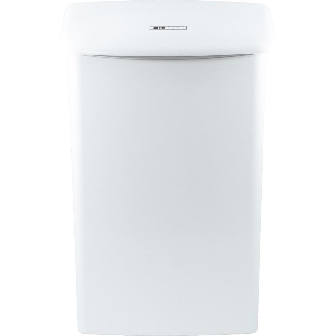 De CWS ParadiseLine hygiënecontainer/hygiënebox Touch van CWS in wit met gesloten deksel en glad, rechthoekig ontwerp biedt een hygiënische oplossing in een eenvoudig, modern stijl.