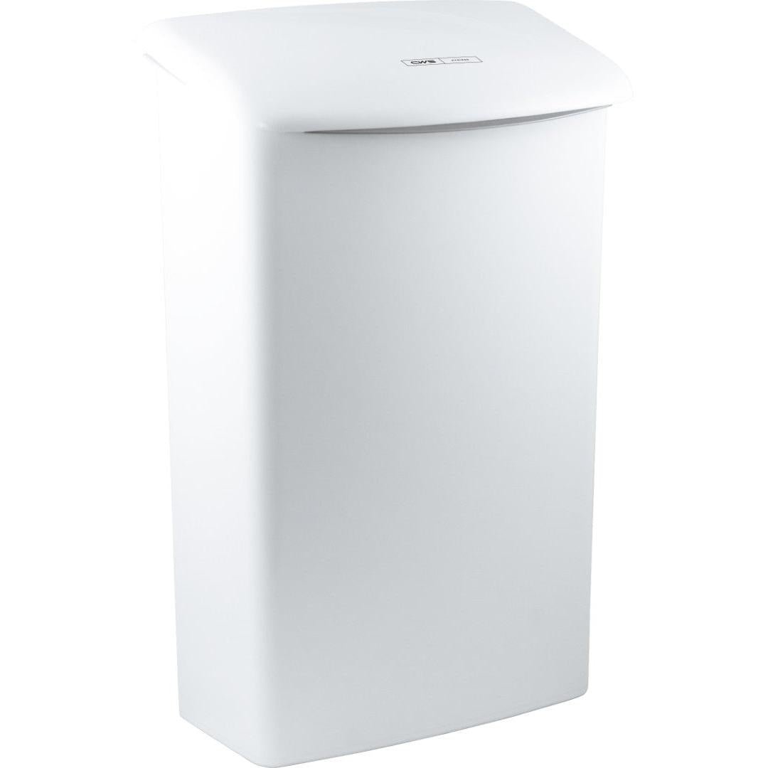 De CWS ParadiseLine hygiënecontainer Touch is een rechthoekige, witte, wandgemonteerde hygiënecontainer met een gewelfde deksel en subtiel etiket, die een hygiënische afvalverwerking in elk toilet mogelijk maakt.