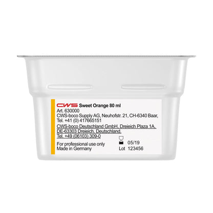 Un conteneur en plastique rectangulaire de 80 ml avec l'inscription "CWS ParadiseLine Parfum pour salle de bain pour diffuseur de parfum Paradise Air Bar" de CWS, avec les coordonnées de l'entreprise, les informations du fabricant et les instructions d'utilisation en noir sur fond blanc.