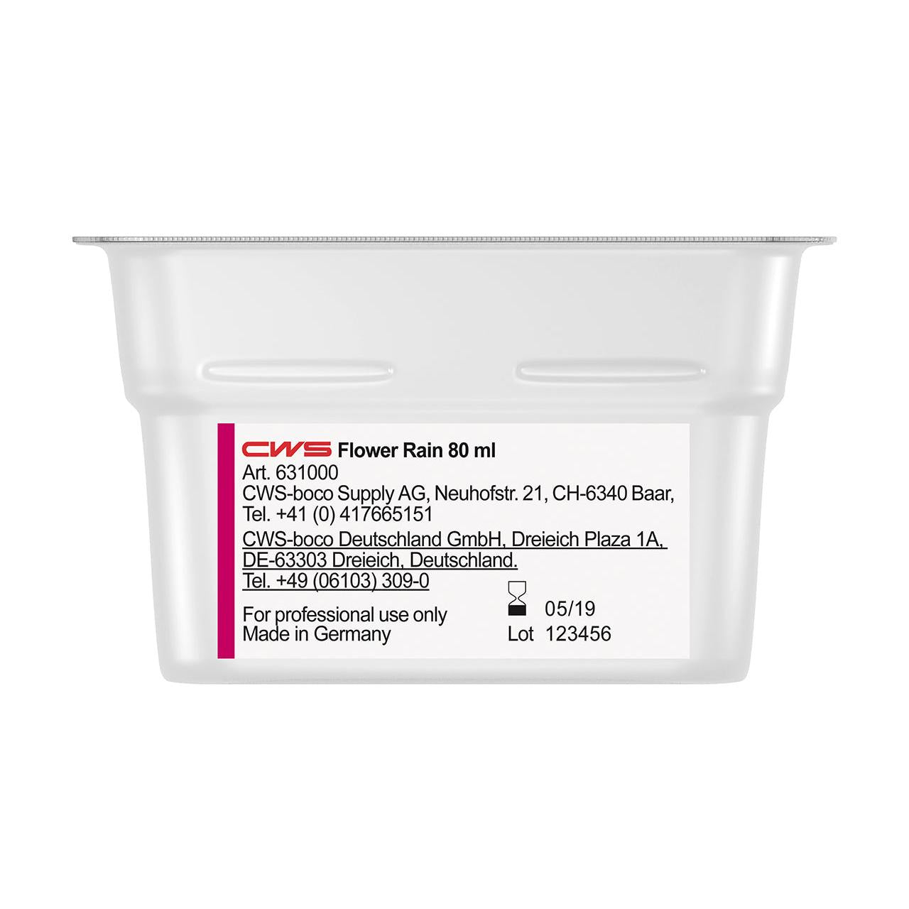 Eine rechteckige 80 ml CWS ParadiseLine Waschraumduft für Duftspender Paradise Air Bar mit der Aufschrift "CWS Flower Rain" mit Produkt-, Firmen- und Kontaktinformationen sowie einer Gebrauchsanweisung. Hergestellt in Deutschland. Gültig: 05/19. Los: 123456. Ideal als Waschraumduft.