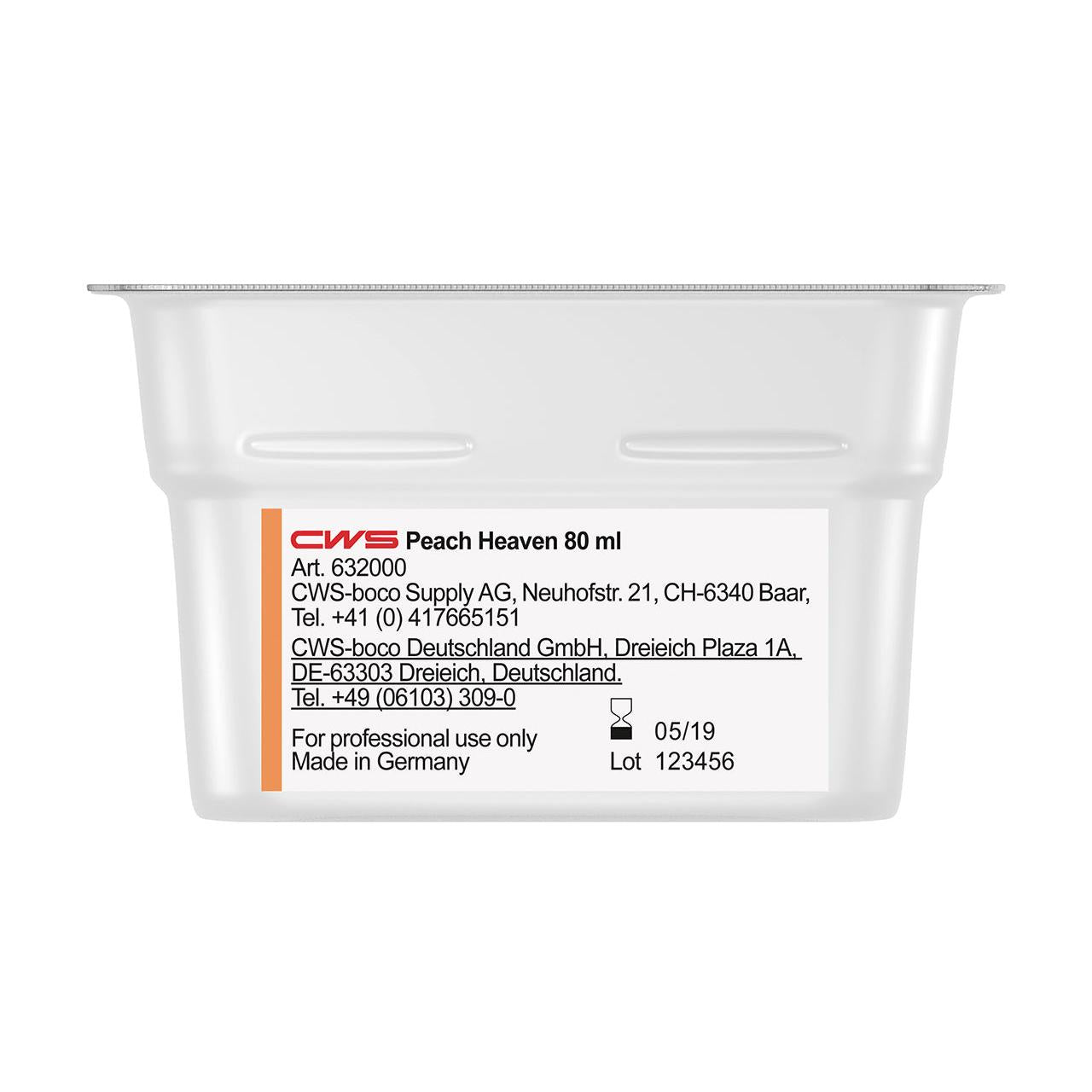 Un gros plan d'un conteneur blanc CWS ParadiseLine Parfum pour salle de bain pour diffuseur de parfum Paradise Air Bar, étiqueté avec des informations sur le produit, les informations de l'entreprise, "Fabriqué en Allemagne" et un couvercle transparent. Convient pour les installations de diffusion de parfum pour salle de bain.