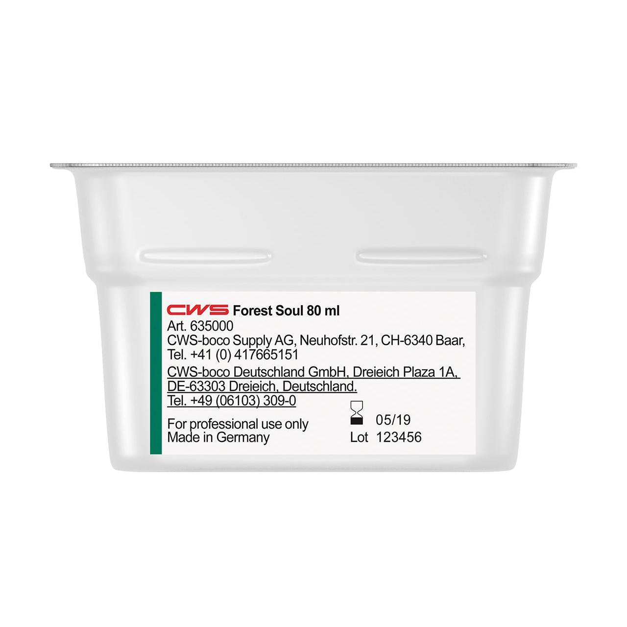 Un conteneur blanc rectangulaire avec l'inscription "CWS ParadiseLine Parfum pour salle de bain pour diffuseur de parfum Paradise Air Bar" de CWS affiche sur une étiquette blanche des informations sur le produit et l'entreprise, des coordonnées, la date de fabrication (05/19) et le numéro de lot (123456).