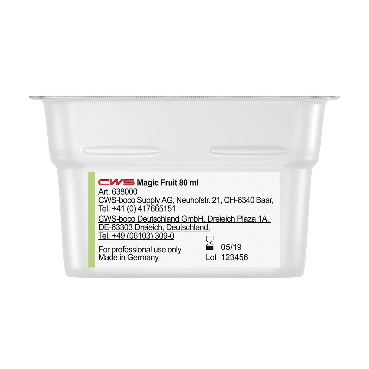 Un petit conteneur en plastique rectangulaire avec l'inscription "CWS ParadiseLine Parfum pour salle de bain pour diffuseur de parfum Paradise Air Bar" de CWS, avec des coordonnées, des informations du fabricant et des instructions d'utilisation sur une étiquette latérale blanche.